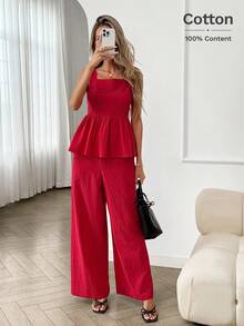 Easowa Bộ 2 món đồ nữ thường ngày, rộng rãi, thanh lịch, thích hợp đi làm hoặc đi nghỉ mát: Áo cổ vuông, tay bồng xếp ly và quần ống rộng cạp chun, màu đỏ, thích hợp mùa xuân/hè. - Đỏ - Xem 4