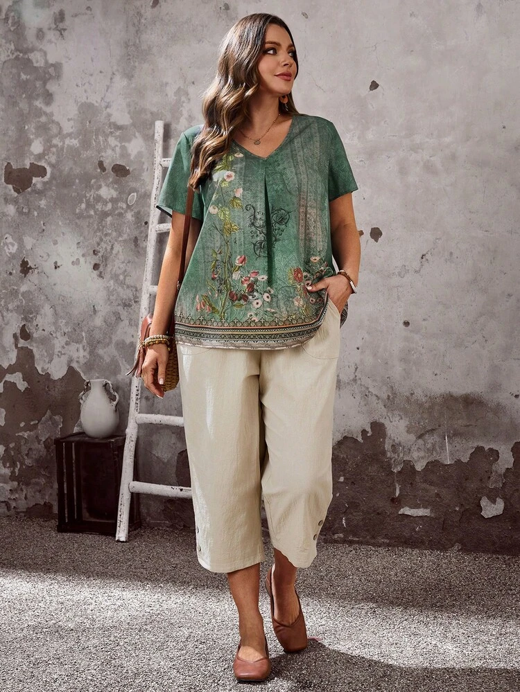 Plus Size V-Neck Ruched Summer Short Sleeve Casual Solidy Top,Country Casual Vacation,Simple And Fashionable For Everyday Wear