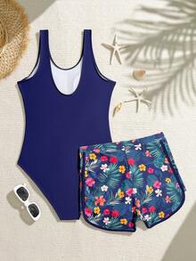 SHEIN 少女连体泳衣，黑色碎花连体泳裤，时尚休闲优雅淑女风设计，适合游泳、度假、夏季海滩、泳池等场合。 - 藏蓝色 - 查看 2