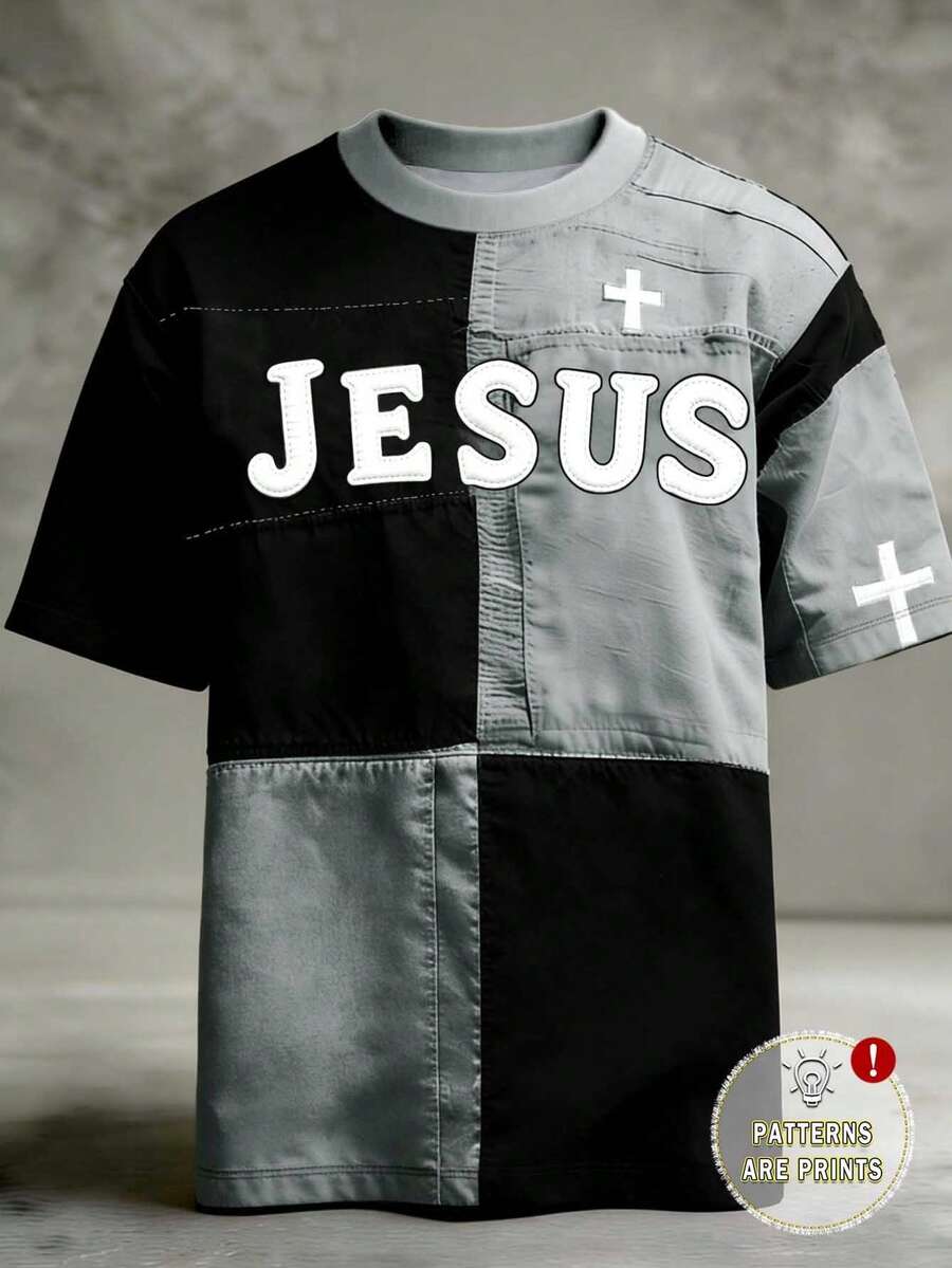 Glimmora 男士复古拼接图案T恤，色彩鲜艳，穿着舒适，耶稣十字架信仰图案，圆领设计，适合日常穿着。 - 彩色 - 查看 1