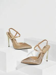 CUCCOO SZL Women's Apricot Rhinestone Embellished Slip-On High Heel Pumps Valentine's Day - Rose Gold - View 2