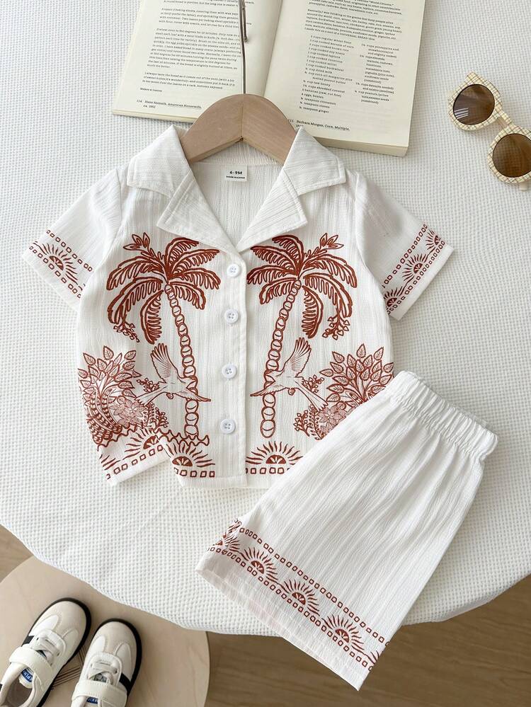 Playful Pals Baby Boy Geometric Pattern Patchwork Collar Short Sleeve Shirt And Shorts Set - White - View 8