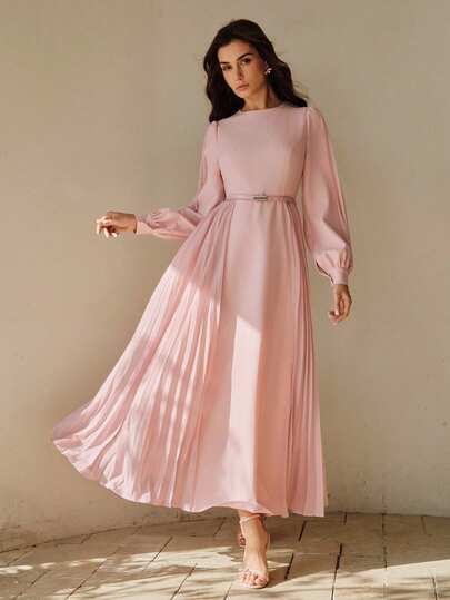 Anewsta Pleated Elegant Cinched Waist Waist Dress For Women