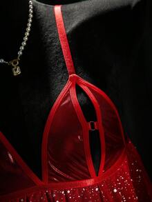 SpicyHot 1 Bộ đồ ngủ nữ cổ điển gợi cảm bằng vải lưới ánh bạc + quần lót G-string, thích hợp cho Ngày Valentine - Đỏ - Xem 3