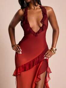 SHEIN BAE 渐变色V领高开衩荷叶边修身连衣裙，渐变色度假长裙，沙滩裙，夏季连衣裙 - 橘色 - 查看 7