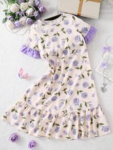 Teen Girl Short Sleeve Round Neck Digital Print Purple Floral, Comfortable Home Dress With Purple Ruffle Hem Design - Apricot - View 1