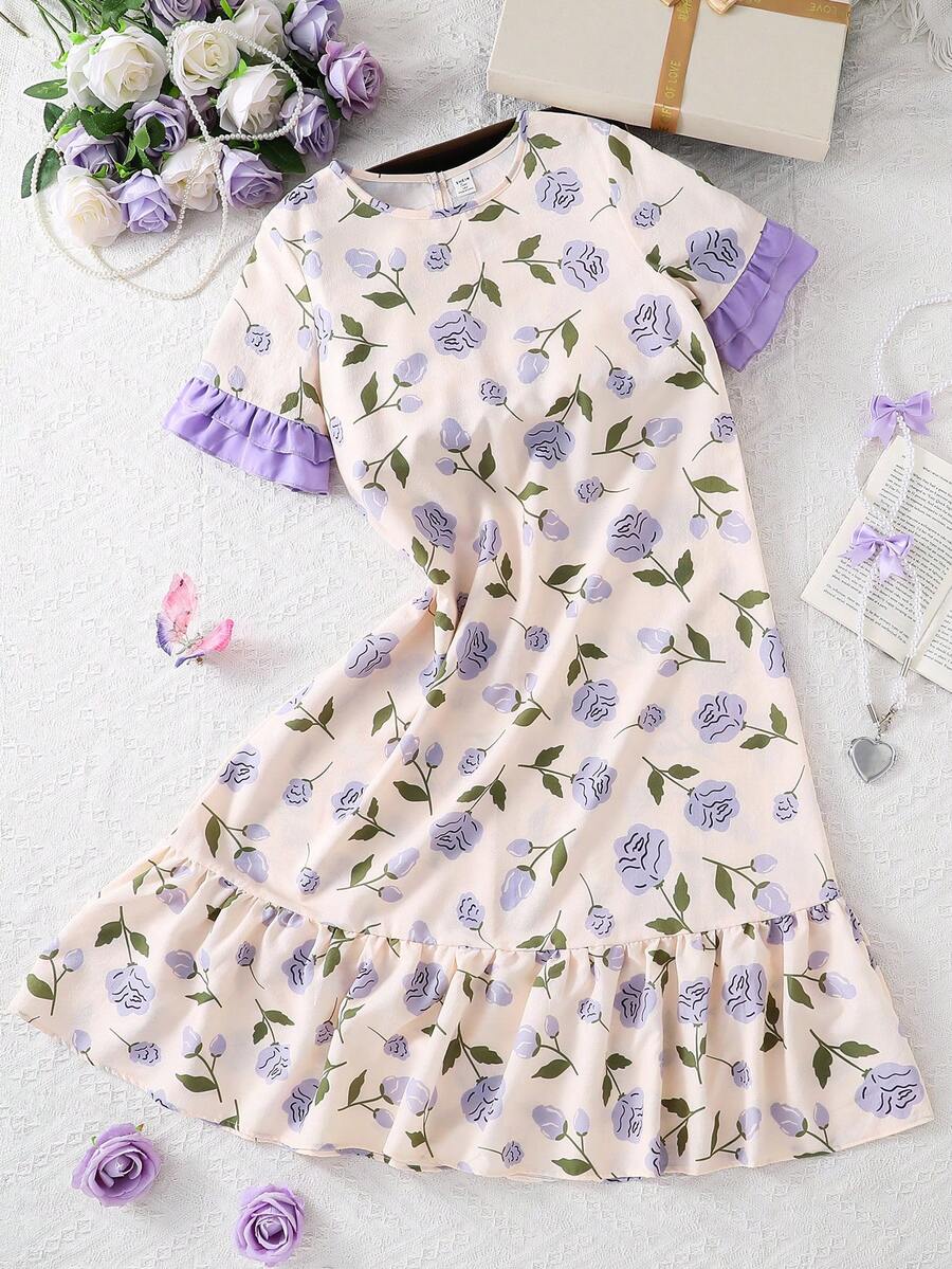 Teen Girl Short Sleeve Round Neck Digital Print Purple Floral, Comfortable Home Dress With Purple Ruffle Hem Design - Apricot - View 1