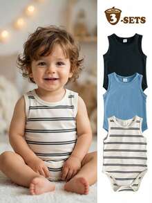 SHEIN Vintaside Kids 3件套男婴夏季休闲无袖连体衣 - 彩色 - 查看 5