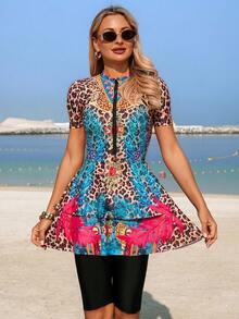 Swim Mulvari Burkini cao cấp, sang trọng với họa tiết da báo và lá cây, thích hợp cho mùa hè. - Nhiều màu - Xem 1