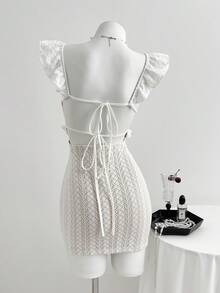 Elamini 女士深V领纹理面料荷叶边下摆修身连衣裙 - 白色 - 查看 2