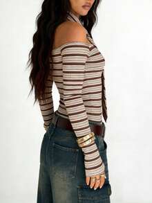 Rina Fox Women's Striped Off-Shoulder T-Shirt With Tie, Casual Versatile For Dating And Outings, Long Sleeve - Brown - View 5