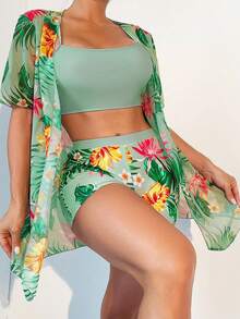 SHEIN Swim Bộ bikini gồm áo hai dây màu trơn và quần short in hoa, kèm áo khoác tay ngắn. - Nhiều màu - Xem 1
