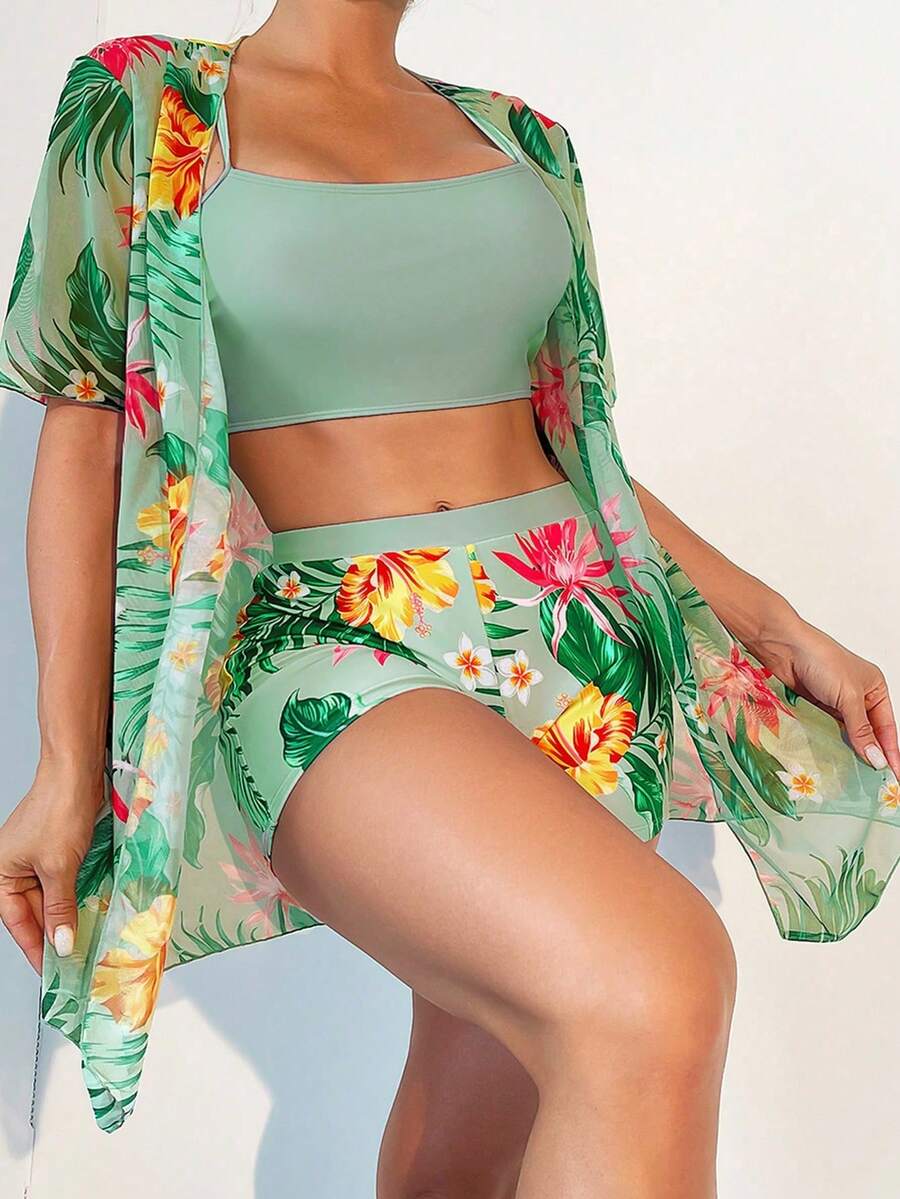 SHEIN Swim Bộ bikini gồm áo hai dây màu trơn và quần short in hoa, kèm áo khoác tay ngắn. - Nhiều màu - Xem 1