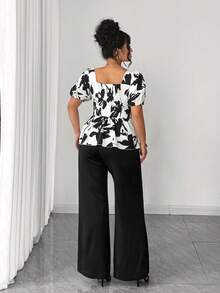 Elenzga Fashionable Casual French Retro Elegant Commuter Generous Collar Print 2 Pieces Set - Black and White - View 2