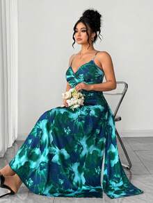 SHEIN Elenzya 大码女式扎染印花针织吊带连衣裙，扭腰设计，开衩下摆，优雅百搭，适合外出和通勤。 - 綠色 - 查看 3