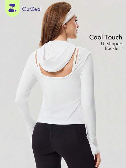 OutZeal 女士运动夹克夏季白色健身跑步上衣凉爽触感U型露背设计连帽衫