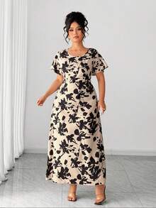 Elenzga Plus Size Women's Elegant Floral Print V-Neck Long Sleeve Waist Cinched A-Line Dress, Early Spring - Apricot - View 7