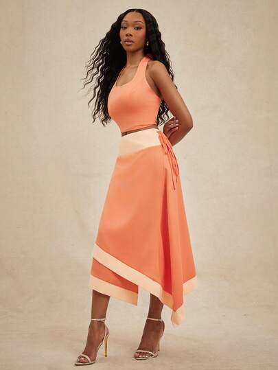 NYA SZN Matching Set Top And Skirt Halter Neck Camisole Tank Sleeveless Midi Skirt Fit And Flare Spring Summer Event Party Elegant Luxury Occasion Outfits For Women