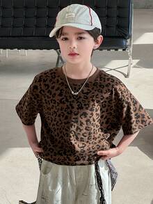 DAZY 青少年男童豹纹圆领短袖休闲T恤 - 棕色 - 查看 3