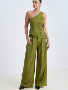 Aveloria Modichic 两件套女士通勤约会绿色前扣肩上衣和裤子套装 - 橄欖綠 - 查看 4