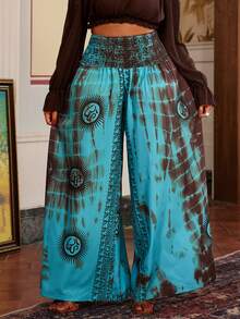 Maweii Plus Size Placement Print Cinched Waist Loose Casual Vacation Pants - Multicolor - View 3