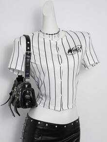The Winx X SHEIN Women's Casual Daily Commute Letter & Striped Print Short Sleeve Button-Down Cropped Shirt, Summer - White - View 5