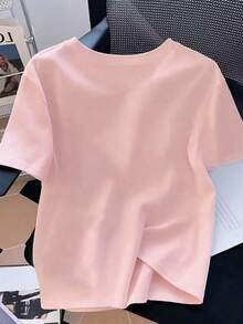 Resyla Women's Casual Red Heart Rhinestone Graphic Short Sleeve T-Shirt, Suitable For Daily Wear, Dates, Commuting In Summer - Pink - View 2