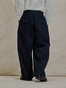 Smart Style Tailored Button Fastening Baggy Trouser Bottoms Front Triangle Pocket Detailing Pants Spring Summer Essentials - Navy Blue - View 4