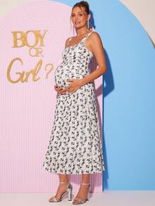 Loomaby Maternity Ditsy Floral Fitted Elegant Sleeveless Dress Dress Gender Reveal Dress Maternity Dress Baby Shower Dress - Multicolor - View 2