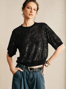 Arave 女士优雅亮片拼接圆领套头T恤，适合约会穿着 - 黑色 - 查看 3