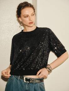 Arave 女士优雅亮片拼接圆领套头T恤，适合约会穿着 - 黑色 - 查看 8