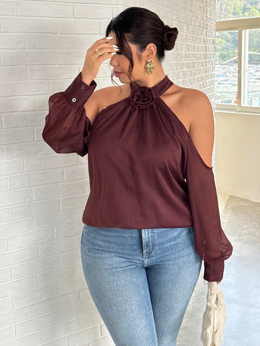 Firerie Große Größen einfarbiges 3D Blumen Dekor Ausschnitt elegant Langarm Bluse mit freien Schultern, sexy Blusen mit Ballonärmeln, Frühlings Bluse für Frauen, Schulterfreie Bluse für Frauen - Bordeaux - Übersicht 1