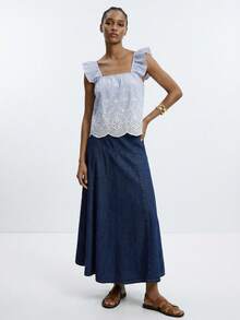 Maija 女士花卉刺绣条纹方领短袖上衣 - 藍色 - 查看 1