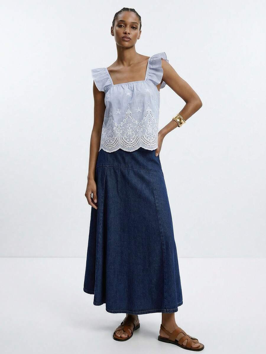 Maija 女士花卉刺绣条纹方领短袖上衣 - 藍色 - 查看 1