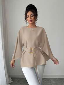 Selianne 女式法式圆领蝙蝠袖腰带亮红色衬衫，春夏 - 卡其色 - 查看 3