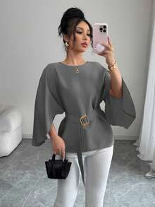 Selianne Women's French Style Round Neck Batwing Sleeve Waist Tie Shiny Red Blouse, Spring/Summer - Grey - View 3