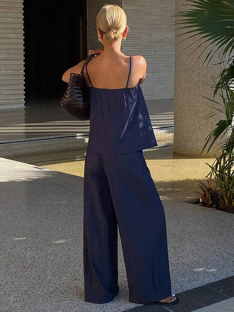 2pcs Women Solid Color Gathered Beaded Camisole & Wide Leg Pants Elegant Vacation Outfit, Spring/Summer