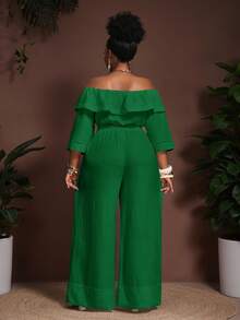 Veslaya 2025新款春夏沙滩/户外休闲/音乐节/复古西式度假/休闲度假/旅游/城市度假宽松白色竹纤维露肩荷叶边半袖短款上衣，配有松紧腰带抽绳和口袋，搭配阔腿裤两件套 - 綠色 - 查看 7