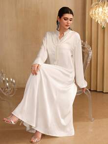 Al Najma 优雅奢华二合一立领连帽泡泡珍珠喇叭袖连衣裙，春夏款 - 白色 - 查看 4