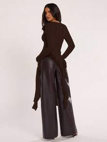 SHEIN BAE Women's Autumn Fashionable Solid Color Versatile Asymmetric Ruffle Hem Top - Coffee Brown - View 2