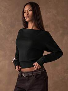 SHEIN BAE Femmes Sexy Mode Rue Décontracté Couleur Unie Drapé Dos Nu Manches Longues T-Shirt Court Noir, Printemps/Été - Noir - Voir 5
