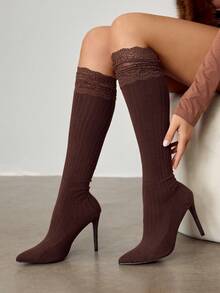 CUCCOO SZL Women's Contrast Lace Ribbed Elegant Pointed Toe Over-The-Knee High Heel Boots, Suitable For Daily Wear Valentine's Day - Chocolate Brown - View 2