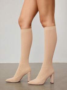 CUCCOO SZL 女士时尚高跟尖头闪亮踝靴圣诞节、约会之夜礼服情人节 - 杏色 - 查看 7