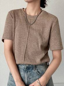 FRIFUL 女士春夏纯色短袖圆领纹理面料修身休闲百搭T恤 - 卡其色 - 查看 3