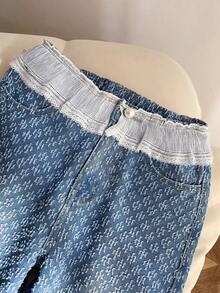 SHEIN 少女牛仔套装，花卉装饰背心上衣和宽松长裤，两件套 - 藍色 - 查看 4