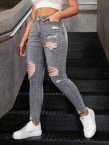 SHEIN ICON Women's Fashion Ripped Pocket Skinny Jeans - Grey - View 6