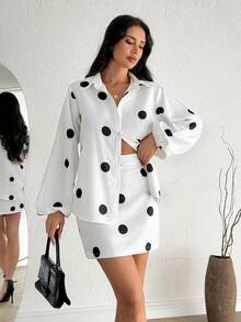 White Polka Dot Printed Two Pieces Set – Button-Up Shirt And Mini Skirt - Black and White - View 2