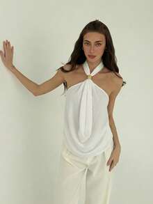 Aloruh Áo croptop cổ yếm xếp ly màu trơn dành cho nữ - trắng - Xem 7