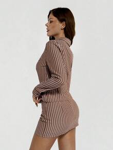 SHEIN ICON 2pcs Striped Shirt & Mini Bodycon Skirt Set - Brown - View 2