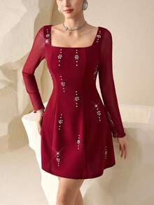 Modelyn 女士酒红色针织长袖网纱收腰A字型串珠连衣裙，春夏款 - 酒紅色 - 查看 7